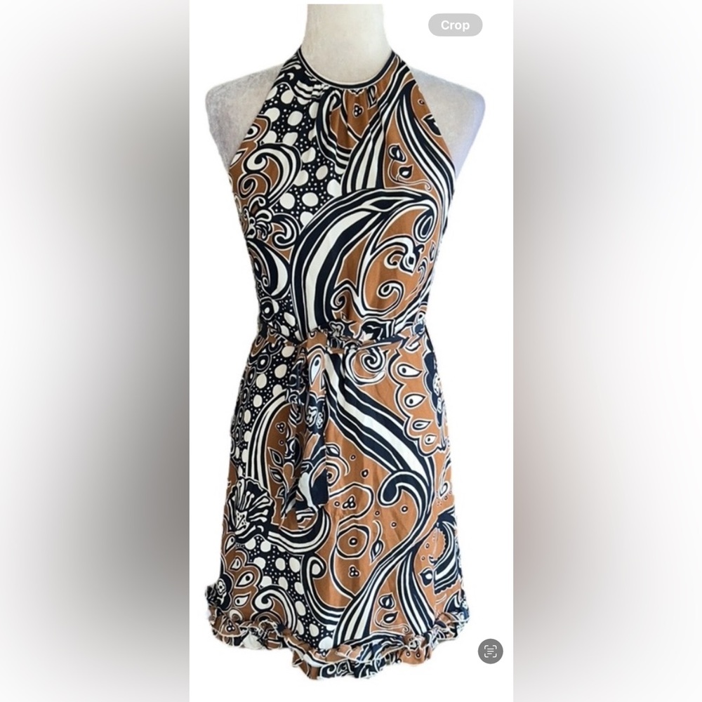 Tory Burch Silk Navy Blue Tan Geometric Paisley Tie Waist Ruffle Mini Dress 8